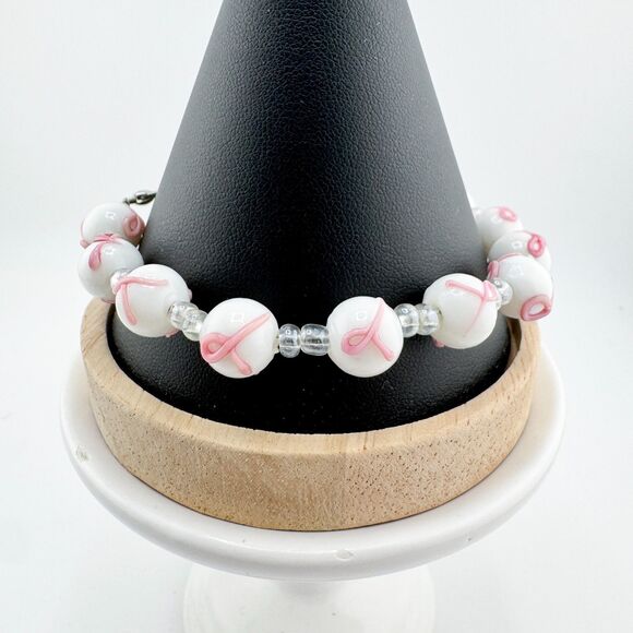 Handmade Glass Bead Bracelet Pink Ribbon Breast Cancer Awareness Retro Art - Picture 5 of 7